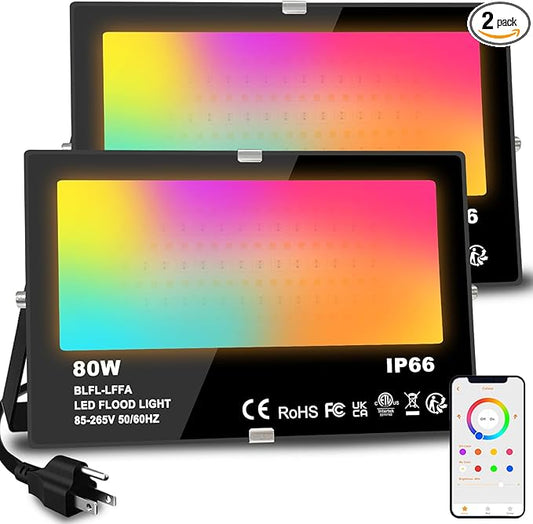 MELPO LED Flood Light Outdoor 800W Equivalent 8000LM Smart RGB Landscape Lighting with APP Control, DIY Scenes - Timing - Warm White 2700K - Color Changing Uplight, IP66 Waterproof US Plug (2Pack) MELPO