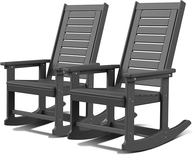 GREENVINES Outdoor Rocking Chairs | Set of 2 | Porch Rocker | HDPE Plastic | Grey | Oversized Rockers | High Back | Big & Tall | Ladder Back | for Patio Outside Backyard Balcony Garden GreenVines