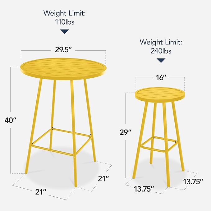 Best Choice Products 3-Piece Patio Dining Set, Bar Height, Outdoor Bistro Set, Outdoor Round Bar Table w/ 2 Bar Stools, Steel - Yellow BestChoiceProducts