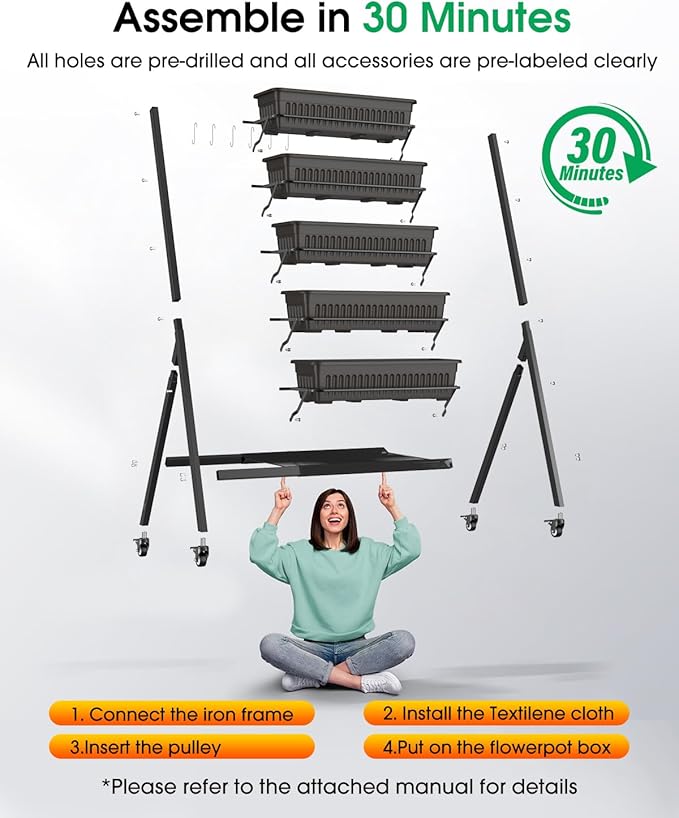 5-Tier Vertical Garden Bed Planter Boxes with Wheels, Drainage System & Storage Space, Mobile Vertical Garden Planter with 5 S-Hooks for Plants Vegetables Flowers Herbs in Garden Patio Yard Rootora
