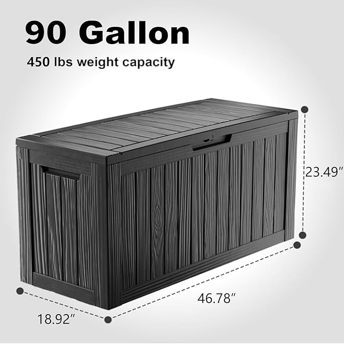 90 Gallon Waterproof Resin Deck Box, UV Resistant Outdoor Storage for Garden, Patio, Porch, Delivery（Black，90 Gallon） KFY