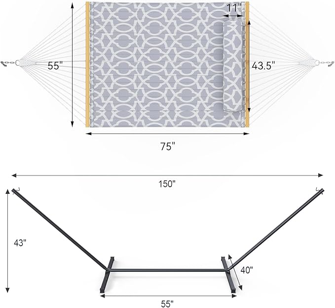 2 Person Outdoor Hammock with Stand, Cotton Rope Hammock with Polyester Pad, Adjustable Steel Frame, Portable with Carrying Bag – for Patio, Backyard, Garden, Beach, Cloud-Gray Rootora