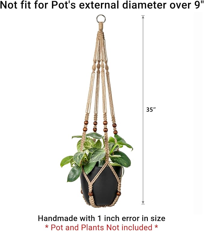 Mkono Macrame Plant Hanger Indoor Jute Hanging Planter Basket with Wood Beads Decorative Flower Pot Holder No Tassels for Indoor Outdoor Boho Home Decor 35 Inch, Brown, Set of 1 (POTS NOT Included) Mkono