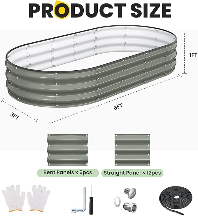 Galvanized Raised Garden Bed 6x3x1 FT, Oval Metal Raised Garden Bed Outdoor Planter Box with Open Bottom, Rust-Resistant Steel Garden Bed for Vegetables Herbs Flowers, Easy Assembly Pattiumo