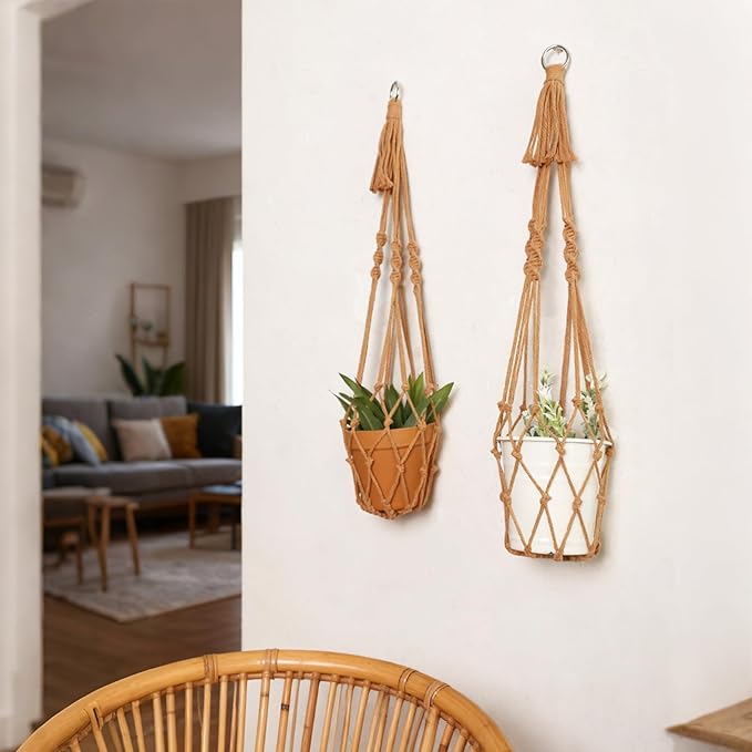 Artilady Macrame Hanging Planter for Indoor Plants, Boho Woven Plant Hanger Large Hanging Flower Pot Holders Outdoor Baskets Storage No Tassels Brown Wall Decor (Latte Brown-2pcs) Artilady