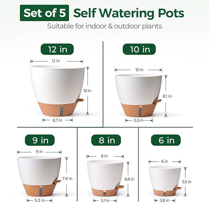 T4U 5 Pack Self Watering Pots (6"+8"+9"+10"+12") - Water Level Indicator & Deep Reservoir, Mess-Free Planters for Busy People, Beginners & Gardeners, Fit Most Plants, Indoor Outdoor Use (White) T4U