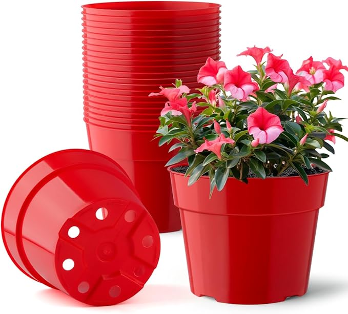 20 Pack 6 Inch Plant Pots, Thickened Plastic Flower Pots with 20 Pcs Water Collecting Trays, 20 Soil Block Mesh Pads, Red RooTrimmer