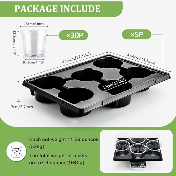 30 Pack 6 Inch Clear Nursery Pots and 5 Pack 6 Cell Round Plant Pot Trays, Sturdy Seeds Starting Germination Shuttle Carrying Trays, Planter Nursery Propagation 5 Sets RooTrimmer