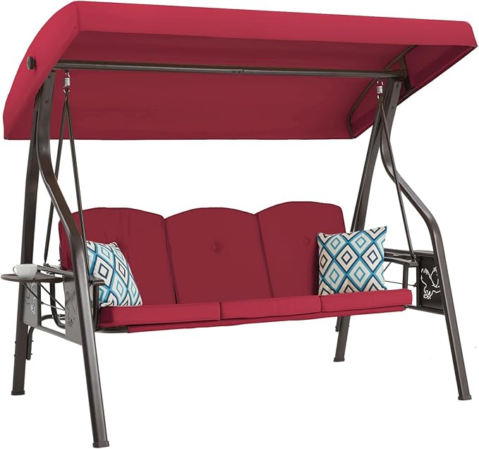3-Seat Outdoor Porch Swing with Stand, Patio Swing with Canopy, 2 in 1 Porch Swing Bed & Patio Swing Chair for Adult w/Extra Pillows and Cup Holder for Yard (Wine Red) zzw