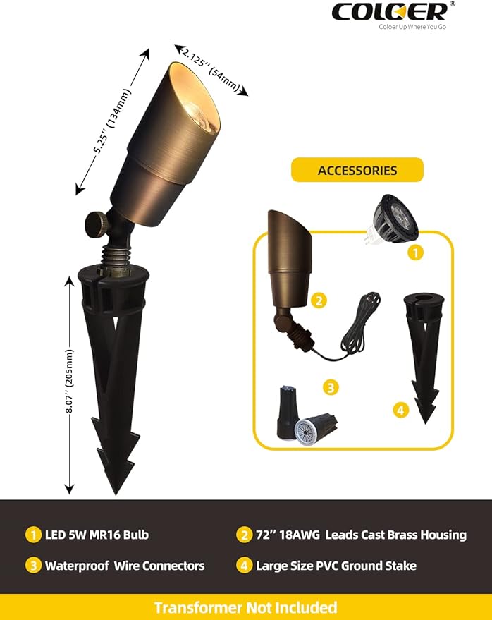 COLOER Die-cast Brass Low Voltage Spotlight 1-Pack with 5W Aluminum Housing MR16 LED Bulb 2700K 450LM CRI85+,12V AC/DC Outdoor Landscape Lighting, Directional Garden Patio Spot Up Light(101B) COLOER