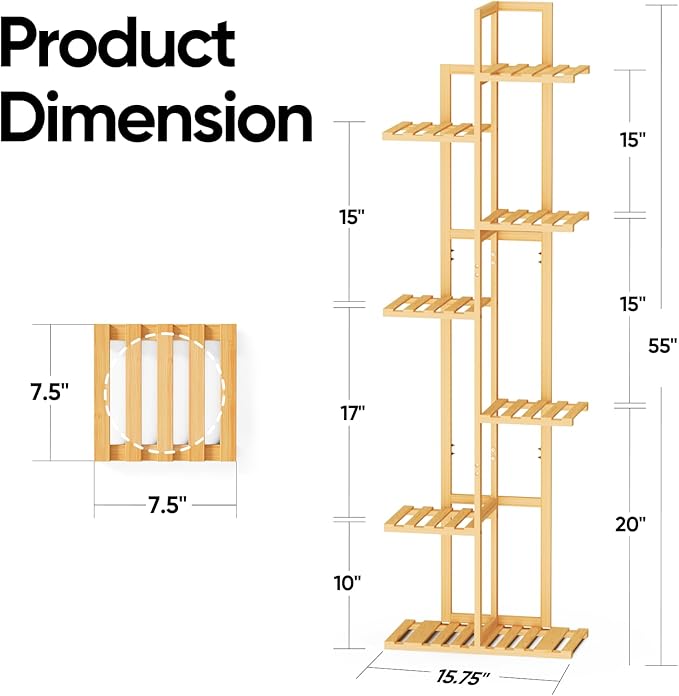 ROSSNY 55 Inch Tall Plant Stand Indoor, 7 Tier 8 Potted Bamboo Plant Stands for Indoor Plants, Corner Plant Stand, Plant Shelf For Indoor, Tiered Plant Stands, Planter Holder for Multiple Plants Indoor, Natural ROSSNY