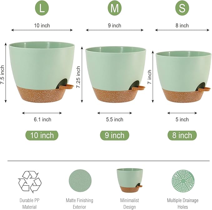 10/9/8 inch Self Watering Pots, Set of 3 Plastic Planters with Mesh Drainage Holes and Deep Reservoir for Indoor Outdoor Garden Plants and Flowers, Green with Brown UOUZ