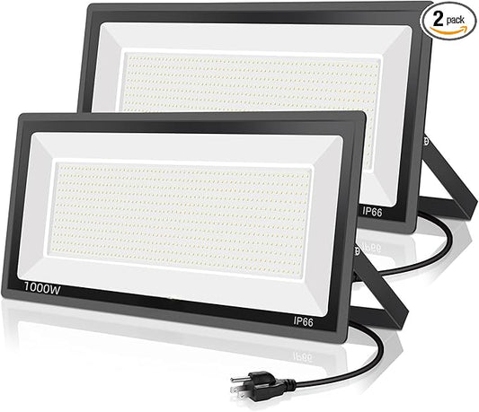 2 Pack 1000W LED Flood Light Outdoor,4250W Equivalent Super Bright 99500LM 5000K Daylight White FloodLight with Plug,IP66 Waterproof Commercial Lighting for Sports Fields,Counts,Arena,Stadium YANYCN