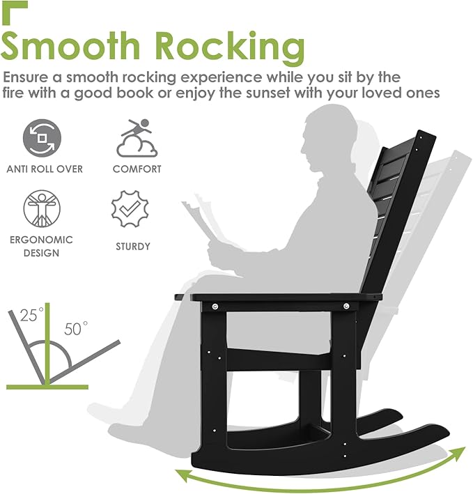 GREENVINES Outdoor Rocking Chairs | Set of 4 | Porch Rocker | HDPE Plastic | Black | Oversized Rockers | High Back | Big & Tall | Ladder Back | for Patio Outside Backyard Balcony Garden GreenVines