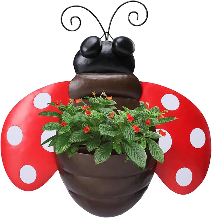 Metal Wall Planter Ladybug Wall Mounted Planters Small Flower Pot with Drainage for Indoor Outdoor Farmhouse Hanging Planter Succulent Plant Container Vertical Garden Yard Decor Chonsun