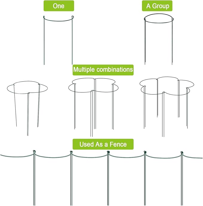 HiGift 8 Pack 24 Inch Plant Support Stakes, 10" Wide x 24" High Half Round Metal Garden Plant Stake Peony Support Cage, Green Plant Support Ring Border for Tomato,Hydrangea,Flower Indoor Outdoor HiGift