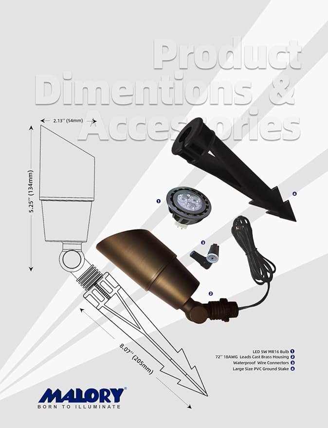 MALORY Brass Landscape Spotlight 4-Pack with Bulb(S01), Low Voltage 12V AC/DC LED Outdoor Landscape Lighting,PVC Ground Stake and Wire Connector Included, Garden Patio Trees Spot Uplight MALORY