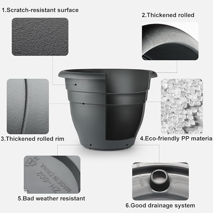 3-Pack Jumbo 15.7 Inch Planters with Rolling Saucers & Drainage – Large Flower Pots for Indoor/Outdoor, Heavy-Duty Moving Trays, Fits Tall Plants (Set of 3, Black) RooTrimmer
