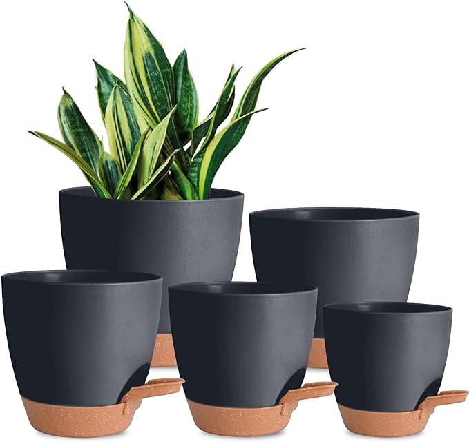 Plant Pots Pack of 5, 7/6.5/6/5.5/5 Inch Self Watering Planters with Drainage Hole Planter for Indoor Plants, Planting Pots for African Violet, Ochid and House Plants (Black) Vanslogreen