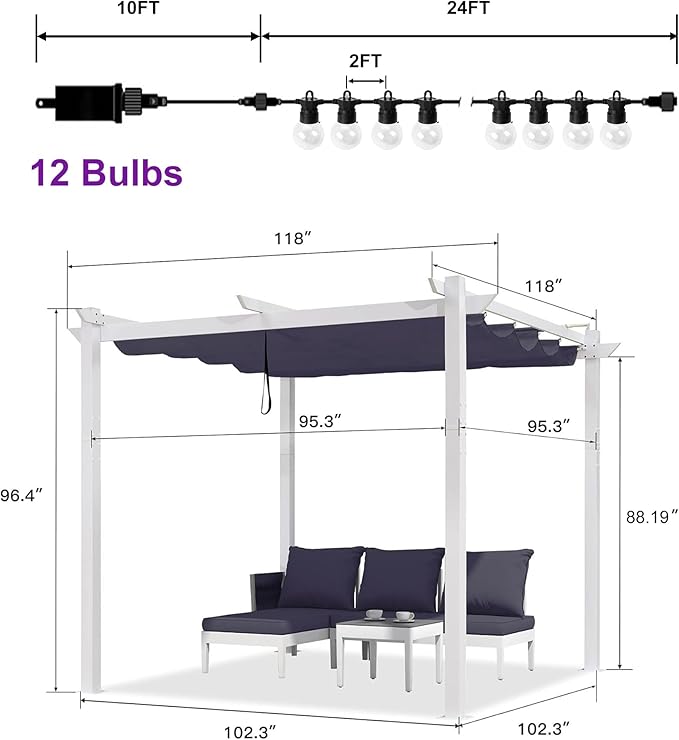 PURPLE LEAF 10' x 10' Outdoor Aluminum Pergola White Heavy-Duty Retractable Pergolas Patio Metal Pergola with Double Sun Shade Canopy and Light for Backyard Gardens Deck, Navy Blue Rootora