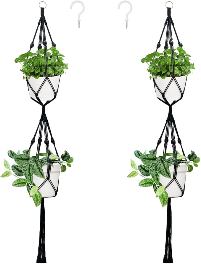 Belit 2 Pack Double Macrame Plant Hangers 2 Tier Hanging Planter Basket Decorative Flower Pot Holder Rope for Indoor Outdoor Home Decor 51 Inch, Black Belit