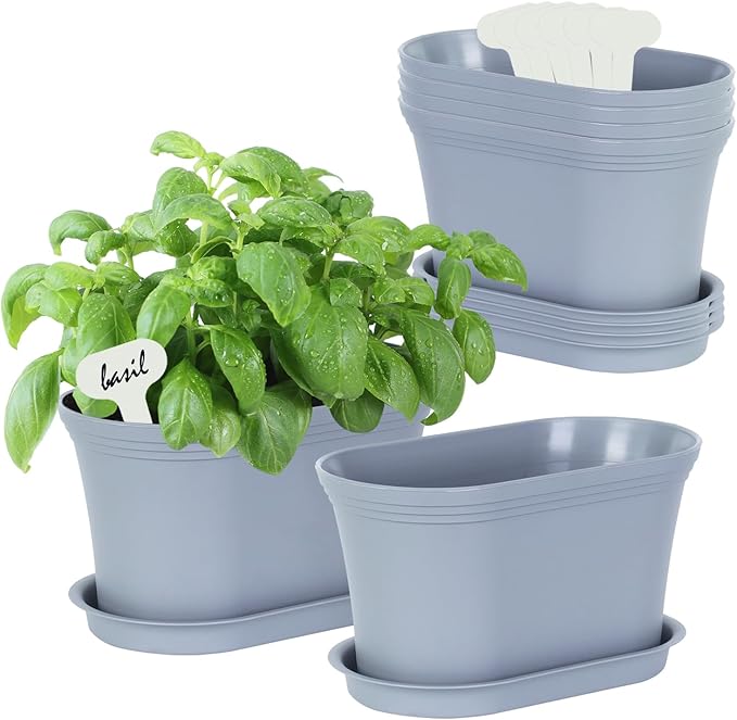 Windowsill Herb Garden Planter with Tray, Set of 6 Grey Oval Farmhouse Garden Pots for Indoor/Outdoor Plants (No Seeds) Oliz