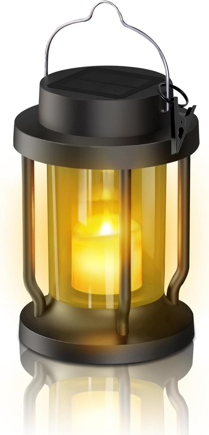 Solar Lantern Outdoor & Indoor Use – Hanging Solar Lights with Realistic Flickering Flameless Candle, Weatherproof for Gardens, Patios, Trees, and Lawns (Black + Amber, 1 Pack) Rootora