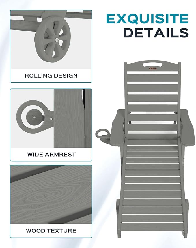 Outdoor Lounge Chair Set of 4, All Weather Patio Chaise Lounge Chairs for Outside, HDPE Chair with Rolling Wheels & Cup Holder, 5 Position, Deck, Pool, Grey CIOKEA
