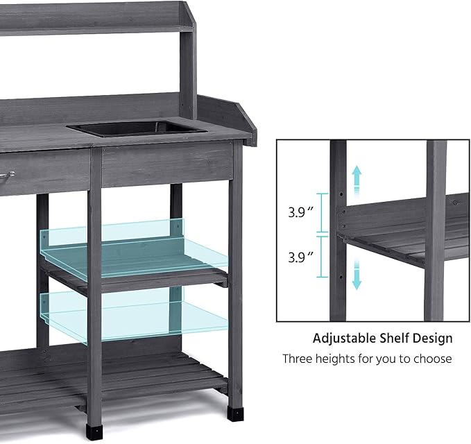 Yaheetech Outdoor Potting Bench Table Potters Benches Garden Workstation for Horticulture with Drawer/Adjustable Shelf Rack/Removable Sink/Hooks/Pads, Gray Yaheetech