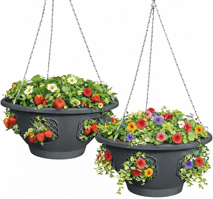 Ultimate Hanging Baskets - Strawberry, Tomato, Flower, and Herb Outdoor Planters - Use Garden Pots for Growing Plants Outside On A Deck, Fence, or Balcony (2) SmartSpring