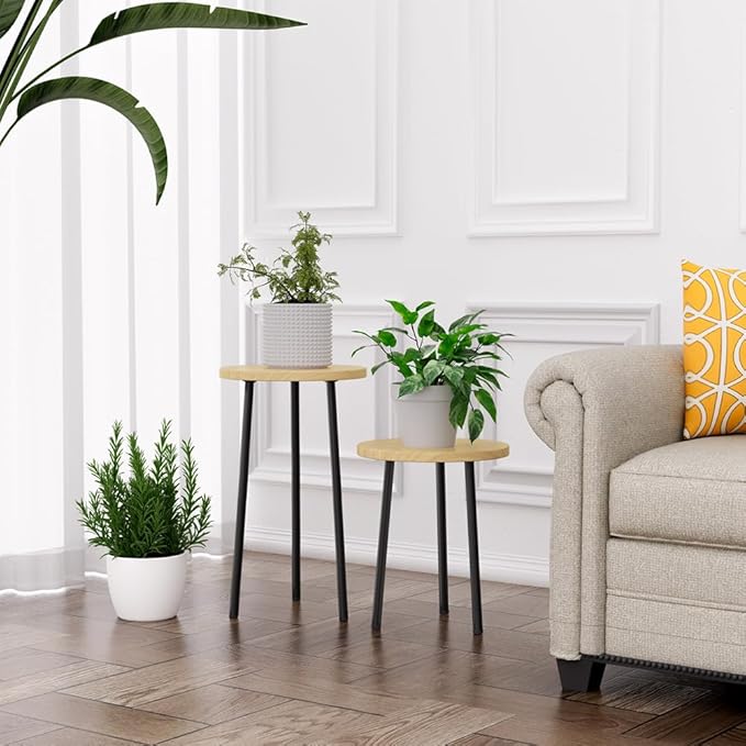 Plant Stand Indoor Tall: Corner Wood Plant Stand 2 Pack Mid Century Modern Decor - Small Round Plant Table for Indoor Plants - Outdoor Plant Holder for Patio Living Room Bathroom Office (Burlywood) SAKSUNFORYOU