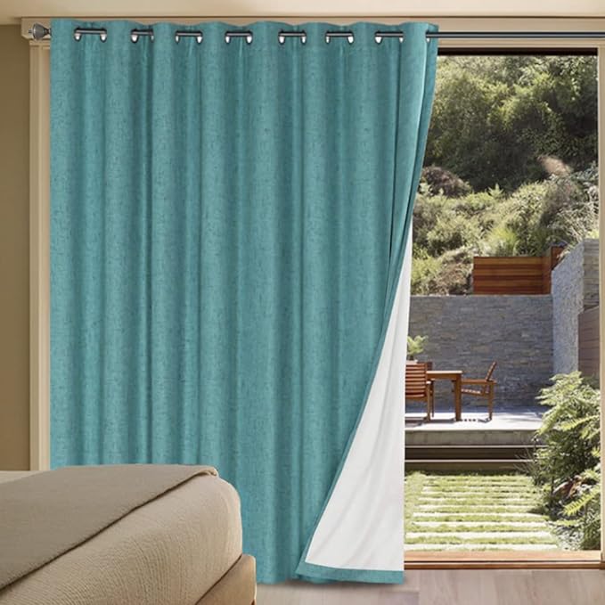 H.VERSAILTEX Linen Blackout Curtains Durable Thick Textured Linen Look 100% Blackout Patio Door Curtain Anti Rust Grommet Extra Wide Sliding Door Curtain Panel, W100 x L96 inch - Teal HVERSAILTEX
