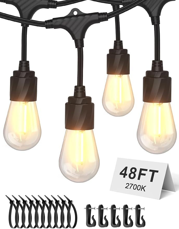 XMCOSY+ 48FT Outdoor String Lights Waterproof - LED Patio Hanging Lights for Outside Porch Backyard Gazebo Garden, Commercial Grade 16 Edison Bulbs XMcosy
