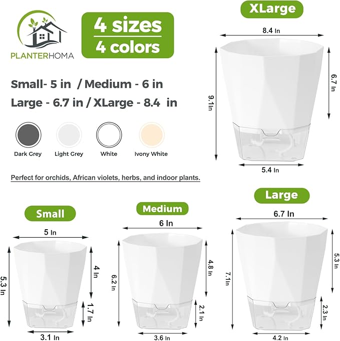 6 Pack Self Watering Pots for Indoor Plants, 5 Inches Self Watering Planters Small African Violet Self Watering Clear Pots for Plants Herb Orchid Flower Houseplant Pots, White Planterhoma