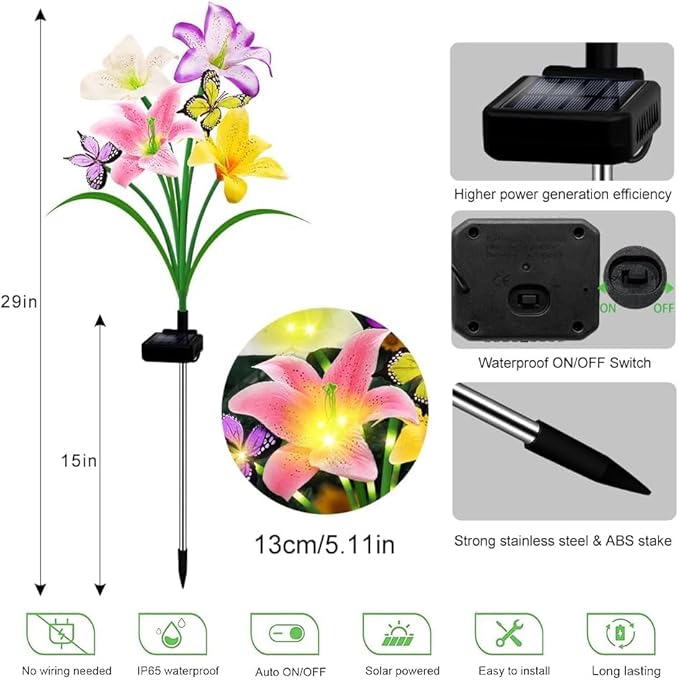 6 Pack Solar Garden Lights LED Solar Lilies Flower Lights, Yard Patio Pathway Decoration High Flexibility Copper Wire Handmade Silk Artificial Flowers Never Wither, Gift for Family, Friends yulloyello