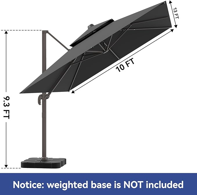 10x13FT Cantilever Outdoor Patio Umbrellas, Double Top Large Rectangle Umbrella, Heavy Duty 360° Rotation Offset Outdoor Sun Shade Umbrella for Garden Deck Pool Backyard Patio, Grey ZLACUIU
