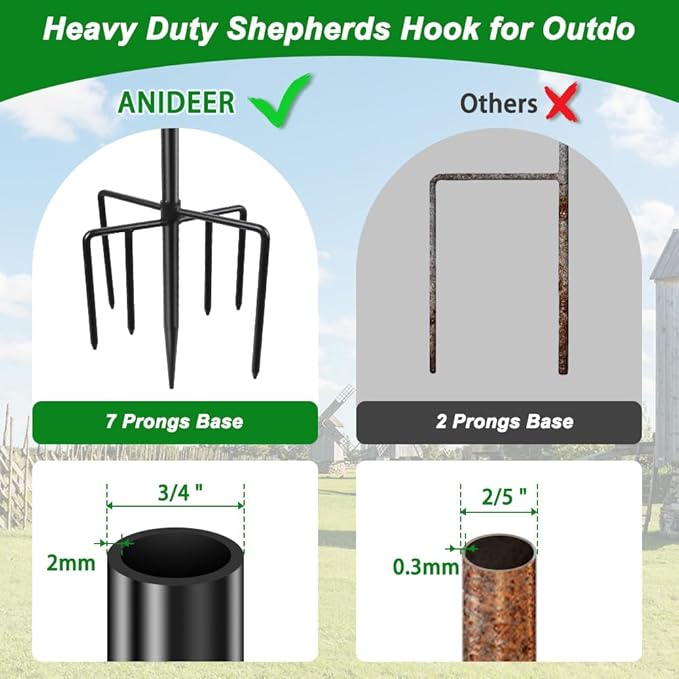 72" Shepherds Hooks for Outdoor, Heavy Duty Garden Bird Feeder Pole for Hanging Bird Feeder, Plant Baskets, Solar Light Lanterns, Outdoor Plant Hanger Hook with 7 Base Prongs,1 Pack Anideer