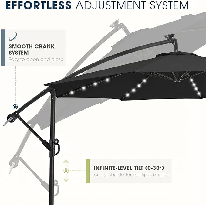 wikiwiki 10ft Solar LED Patio Umbrella with Base Included, Offset Umbrella with Weighted Sandbag Base, Cantilever Patio Umbrellas for Backyard, Garden & Deck, 32 LED Lights & Polyester Shade, Black WikiwikiPatioUmbrellas