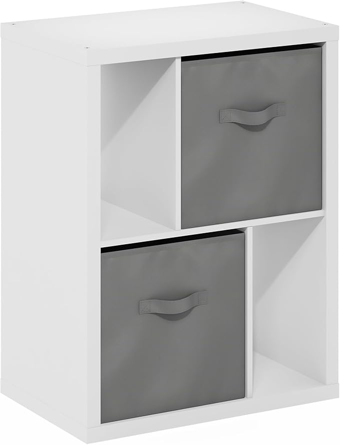 Furinno Viola Standing Storage Shelf with Two Storage Bins, White/Light Grey Furinno-FitsYourSpaceFitsYourBudget