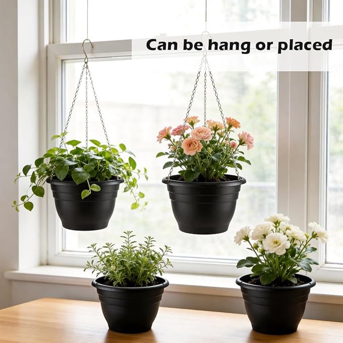 Hanging Planters 11 Inch, 3 Pcs Flower Pots with Drainage Hole, Self Watering Hanging Basket for Indoor Outdoor Plants, Decor, Black RooTrimmer