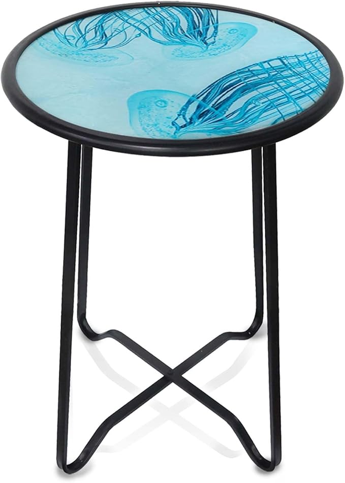 LIFFY Outdoor Side Table,14" Indoor Outdoor Round Glass Tabletop Accent Table with Metal Frame, Decorative Plant Stand & End Table for Home, Patio, Garden LiffyArt