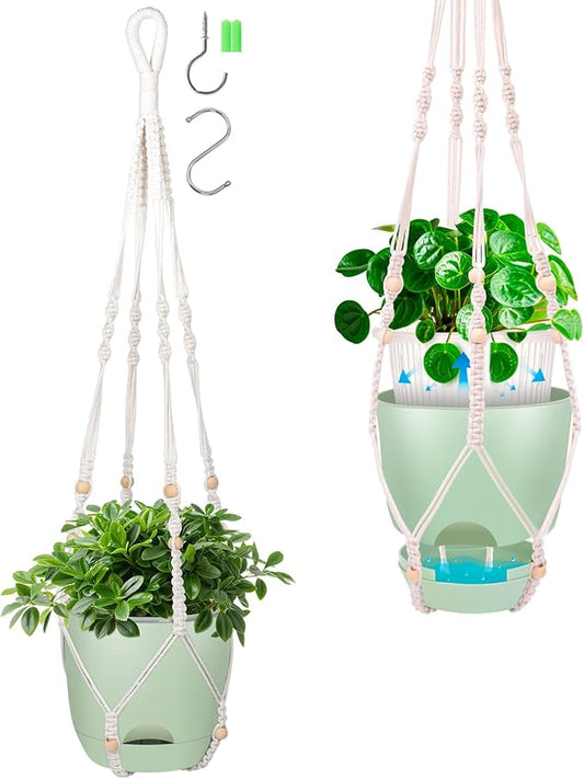 2-Pack 5.7-Inch Self-Watering Hanging Planters for Indoor & Outdoor Plants,34Inch Macrame Hanger Plant Pots Indoor with Drainage,Small Hanging Planters & Baskets,With Two Sets of Hooks（Pure green） QCQHDU