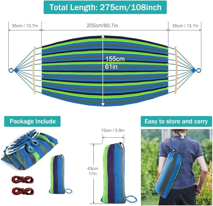 MOSFiATA Hammocks Portable Camping Hammock Upgraded 550lb Comfortable Fabric Hammock with Two Anti Roll Balance Beam and Sturdy Tree Straps for Camping, Patio, Backyard, Outdoor （Blue Green） MOSFiATA