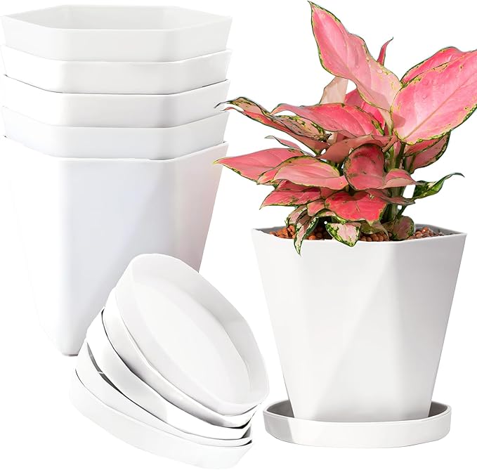 InmeRun Plant Pots Indoor Plastic Flower Pots Outdoor 7 inch Set of 12 Pack with Drainage Holes and Saucers for Garden Pots (7 in 12 White) InmeRun