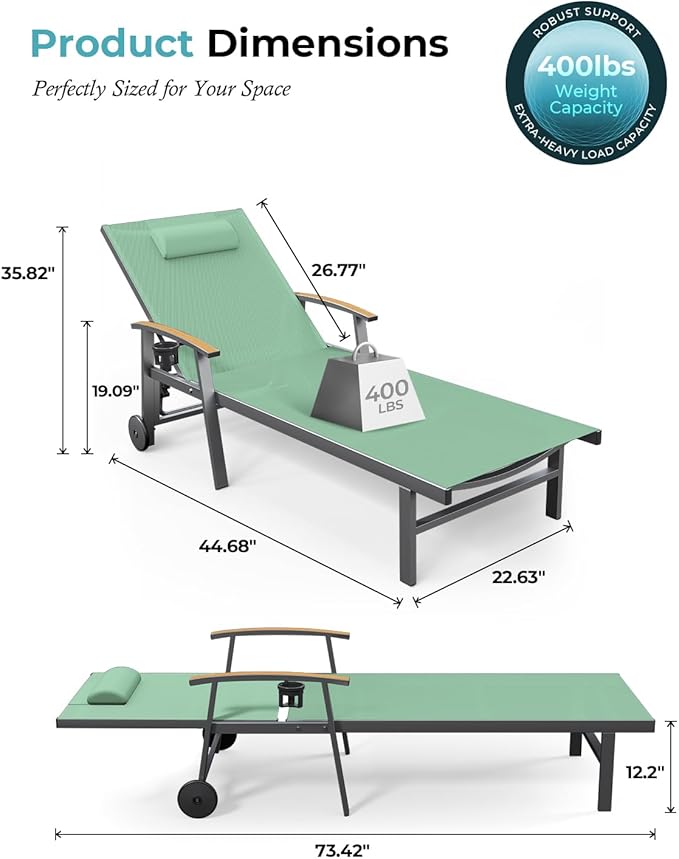 Ciokea Outdoor Lounge Chair with Pillow Set of 4, 5-Position Chaise Lounge with Wheels & Armrests, 400 lbs Heavy Duty Aluminum Pool Lounge Chairs, for Beach, Deck, Poolside & Backyard, Light Green CIOKEA