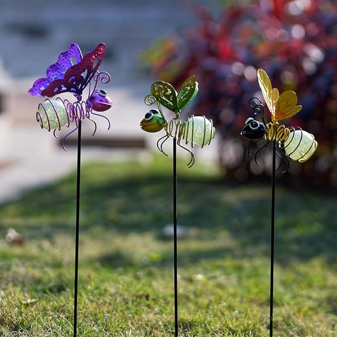 Garden Decor for Outside,3 Pcs Luminous Insect Garden Decorative Stakes,Glow in The Dark Bee Lights Metal Yard Art,Waterproof Outdoor Spring Lawn Patio Pathway Decoration for Mom,Women,Grandma SATHGA