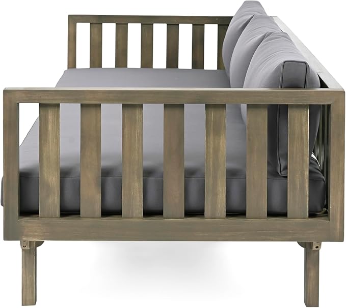 Christopher Knight Home Claremont Outdoor 3 Seater Acacia Wood Daybed with Fabric Water Resistant and Removable Cushions, Patio Garden Sofa with Slat Paneling Armrest and Back, Grey and Dark Grey ChristopherKnightHome