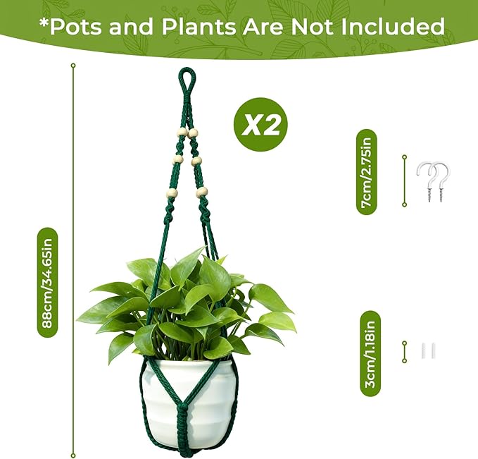 Macrame Plant Hanger,Up to 4-15 inch Pots, Wood Beads Cotton Hanging Planter Holder for Indoor Outdoor Boho Home Decor, 35 Inch, Ivory, Set of 2 (Green) Rootora