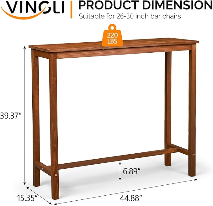 VINGLI Wooden Outdoor Bar Table, Wood Patio Counter Height Table, Weather-Resistant Patio Pub Table for Garden, Balcony, Poolside, Backyard, Indoor Use (Brown, 45") VINGLI