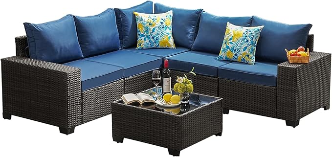 6 Pieces Patio Furniture Set All-Weather Outdoor Wicker Sectional Conversation Sofa Rattan Patio Seating Sofa with Cushion and Glass Table for Porch Poolside,Navy JOYURE